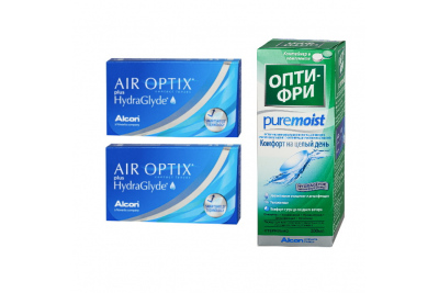 Air Optix Plus HydraGlyde (3 линзы), 2 уп. с раствором Opti-Free Puremoist (300 мл)