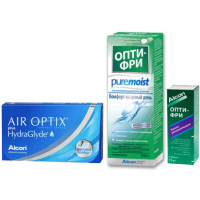 Air Optix Plus HydraGlyde (3 линзы) + Раствор Puremoist (300мл) + Капли Opti-Free (15 мл)